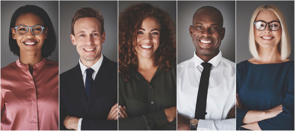Collage of a diverse group of smiling businessmen and businesswomen standing with their arms crossed against a gray background